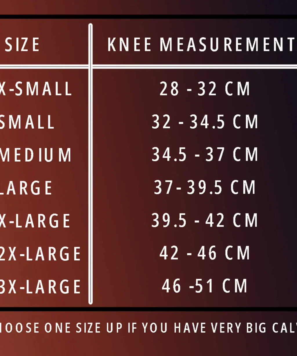 7mm stiff knee sleeves, size table, ipf